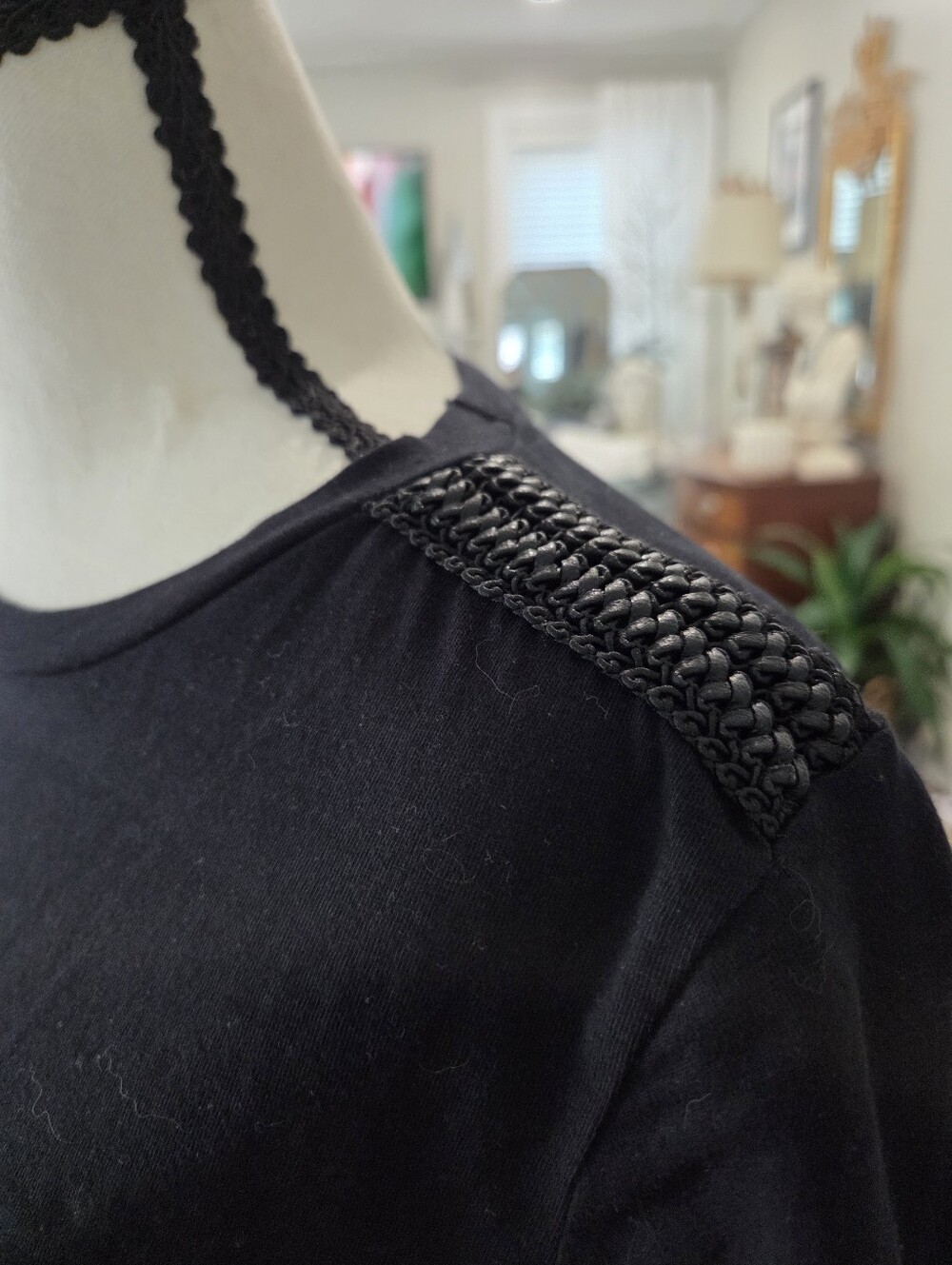 Zara Black Beaded Shoulder T-Shirt | Size Medium